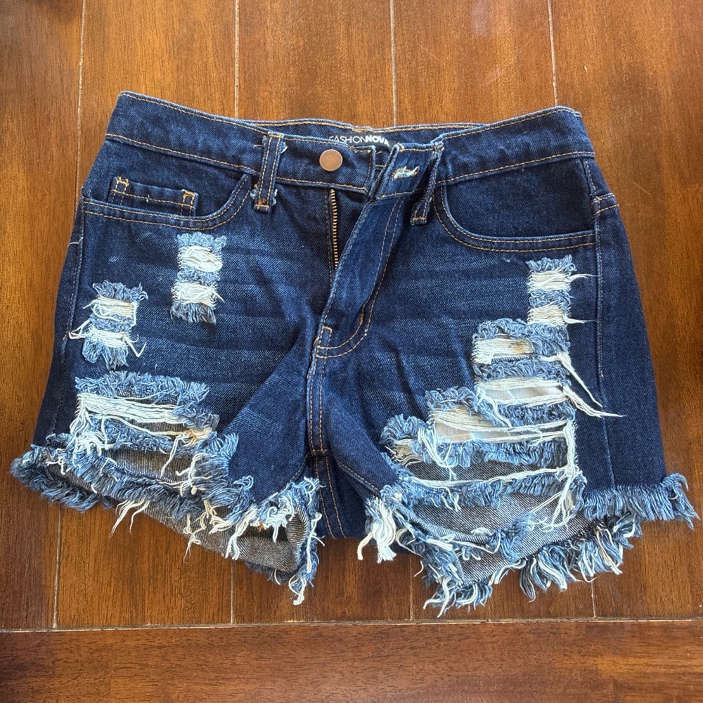 Fashion Nova Dark Blue Distressed Denim Cutoff Shorts